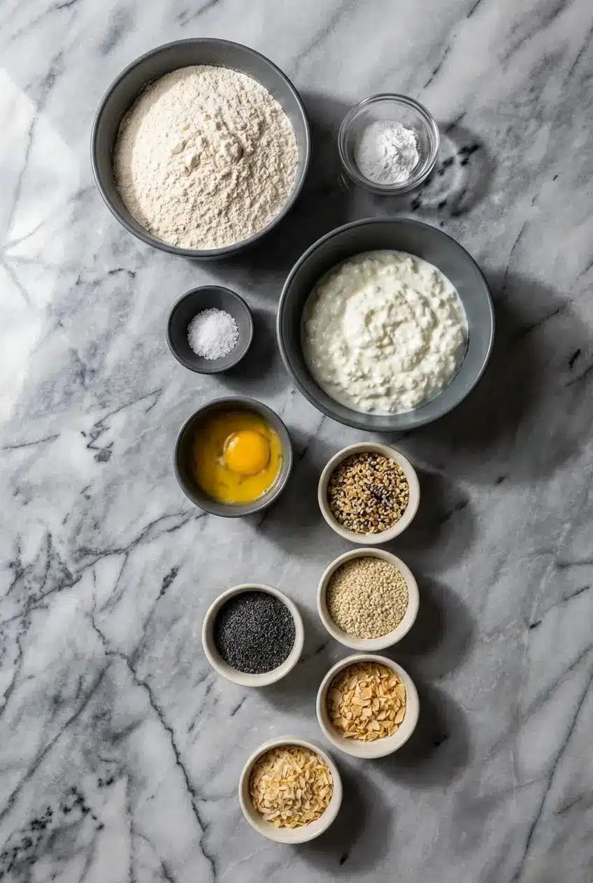 Ingredients for high protein cottage cheese bagels, including all-purpose flour, cottage cheese, and vital wheat gluten, arranged neatly.