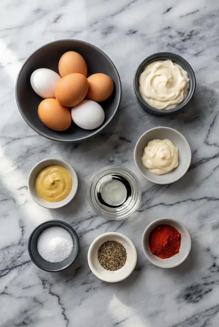 Ingredients for a deviled egg flight recipe, including a dozen hard-boiled eggs, mayonnaise, and Dijon mustard on a countertop.