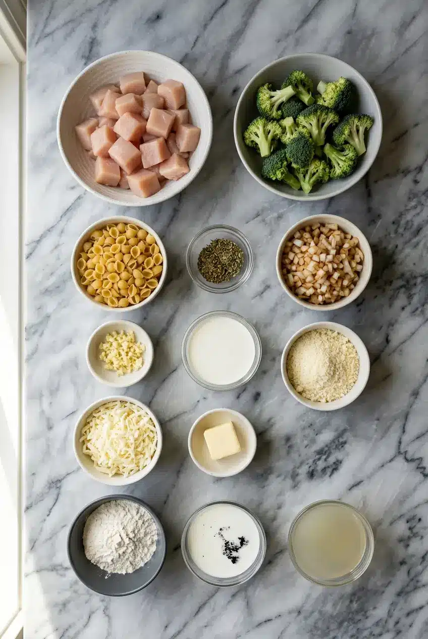 Ingredients for chicken and broccoli pasta bake laid out, including shell pasta, broccoli florets, chicken breast, butter, and cheese.