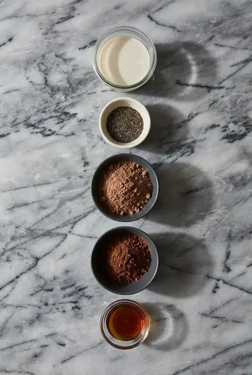 Ingredients for high protein chocolate chia pudding laid out, including chia seeds, cocoa powder, avocado, almond milk, and protein powder.
