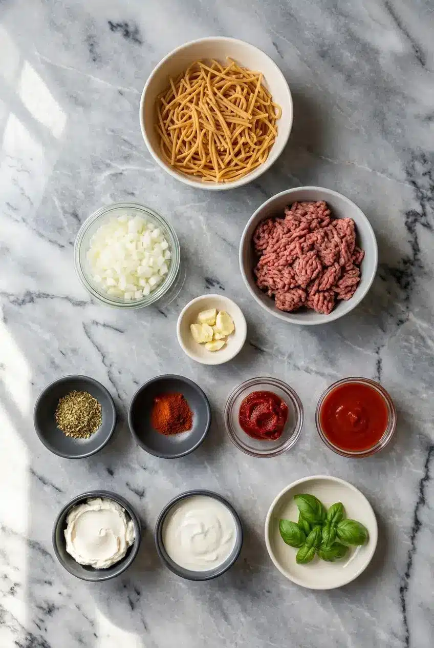 Ingredients for High Protein Creamy Beef Pasta laid out, including lean ground beef, chickpea pasta, tomato passata, and smoked paprika.