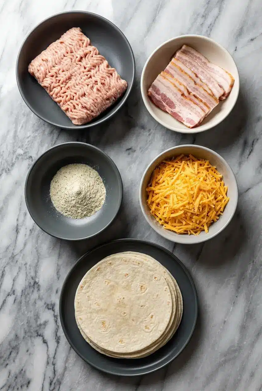 Ingredients for the High Protein Chicken Ranch Quesadilla, including shredded chicken, Greek yogurt, cheddar cheese, and a low carb tortilla.