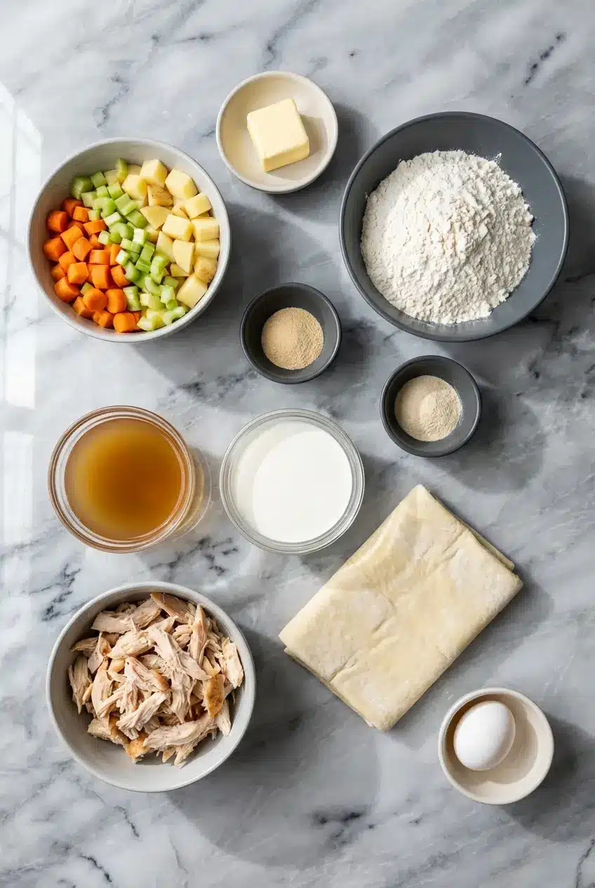 Ingredients for Chicken Pot Pie Casserole laid out, including rotisserie chicken, puff pastry, fresh vegetables, and half-and-half.