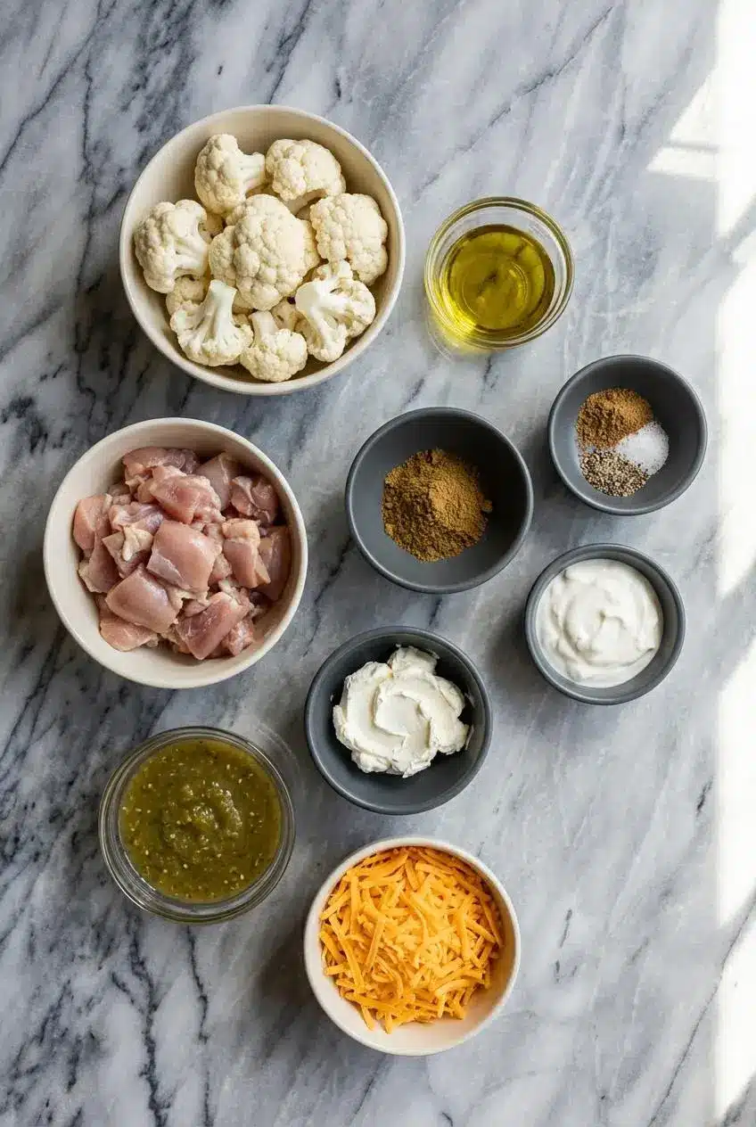 Raw ingredients for a Keto Mexican chicken casserole laid out, including chicken thighs, cauliflower florets, cream cheese, and cheddar.