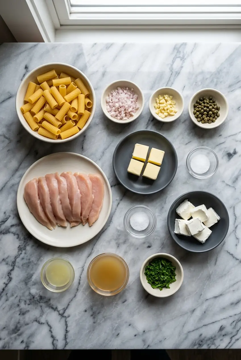Ingredients for Chicken Piccata Pasta laid out, including raw chicken cutlets, rigatoni, a lemon, shallot, capers, and Neufchâtel cheese.