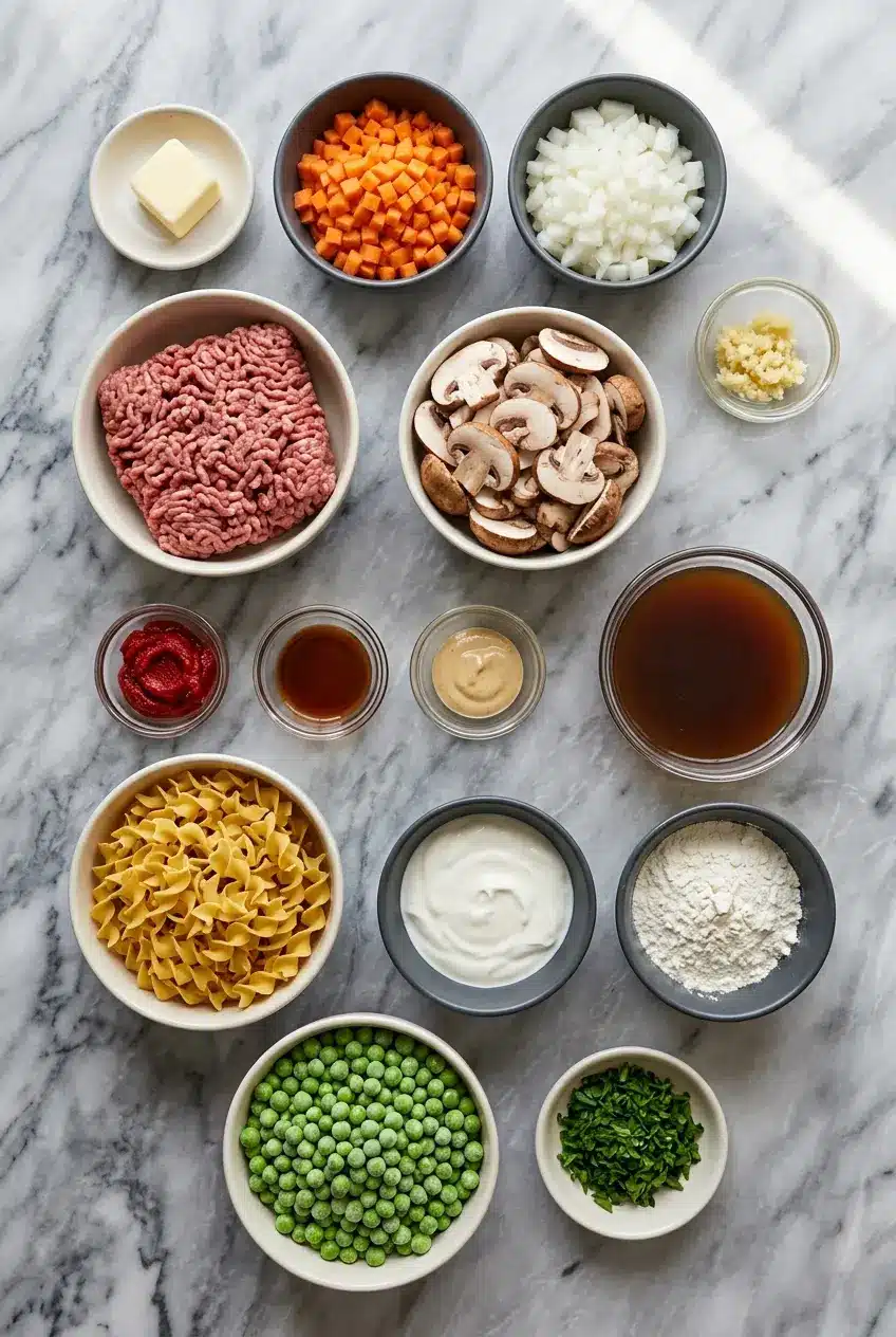 Ingredients for Beef Stroganoff Soup laid out, including sirloin steak, cremini mushrooms, egg noodles, beef broth, and sour cream.