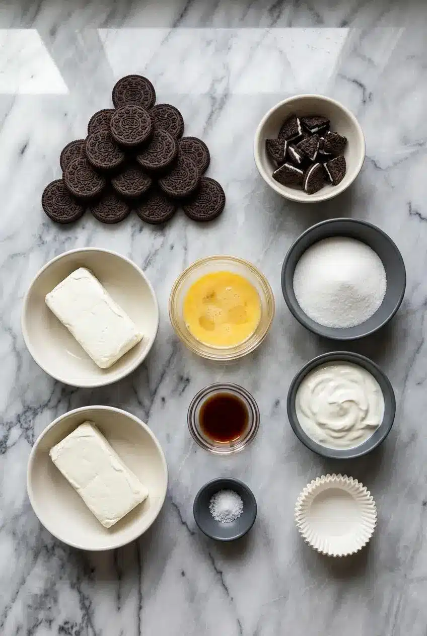 Ingredients for Oreo Cheesecake Bites arranged on a surface, including packages of cream cheese, Oreo cookies, sour cream, and sugar.