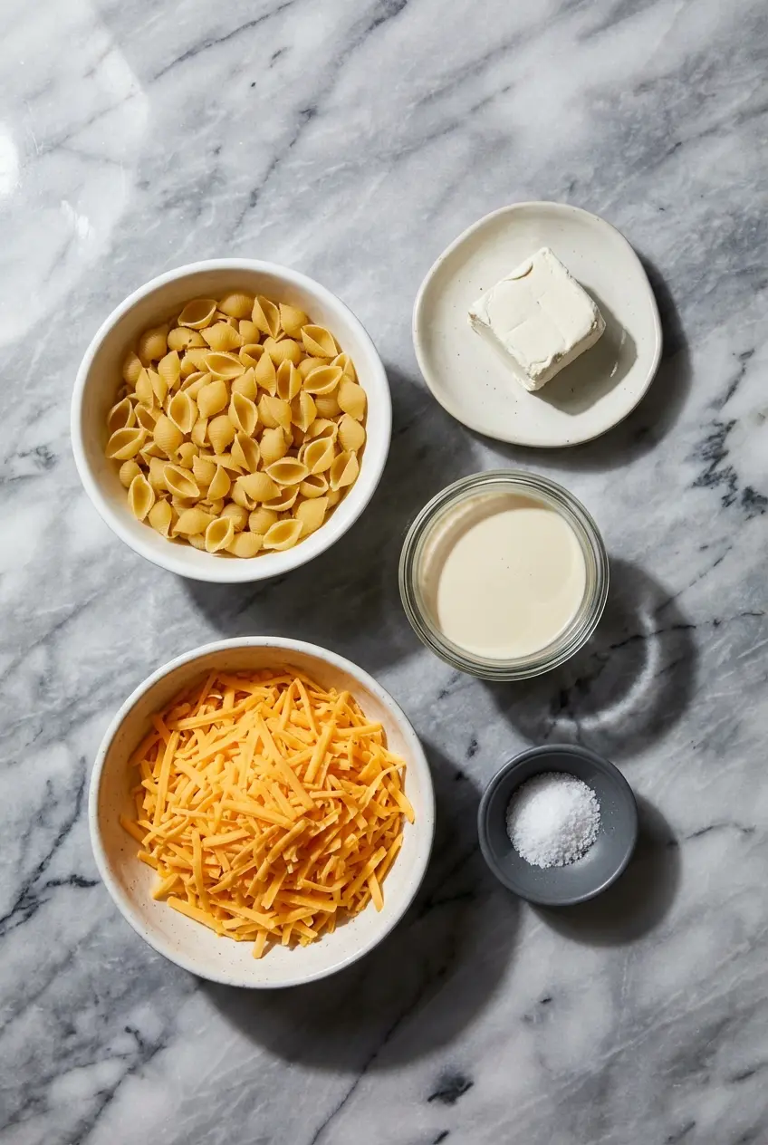 Ingredients for homemade Shells and Cheese, including pasta shells, cheddar cheese, evaporated milk, and sodium citrate for a smooth sauce.