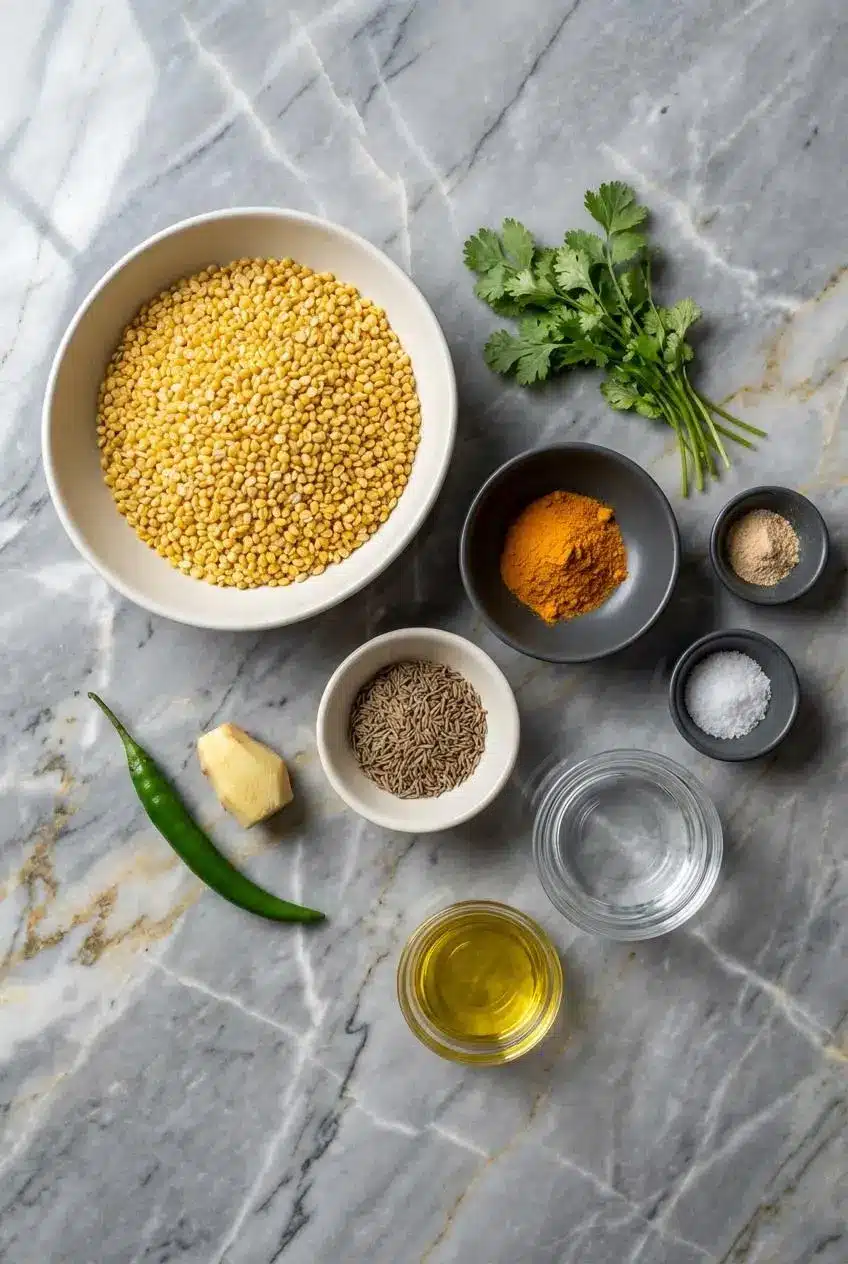 Ingredients for the Moong Dal Chilla Recipe, including dhuli moong dal, semolina (sooji), ginger, and spices, arranged neatly.