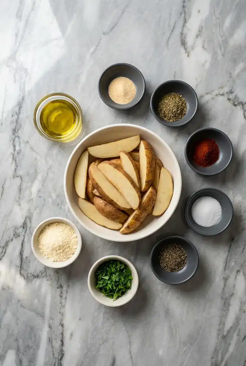 Overhead view of ingredients for Crispy Garlic Parmesan Potato Wedges, including Russet potatoes, Parmesan cheese, and various spices.