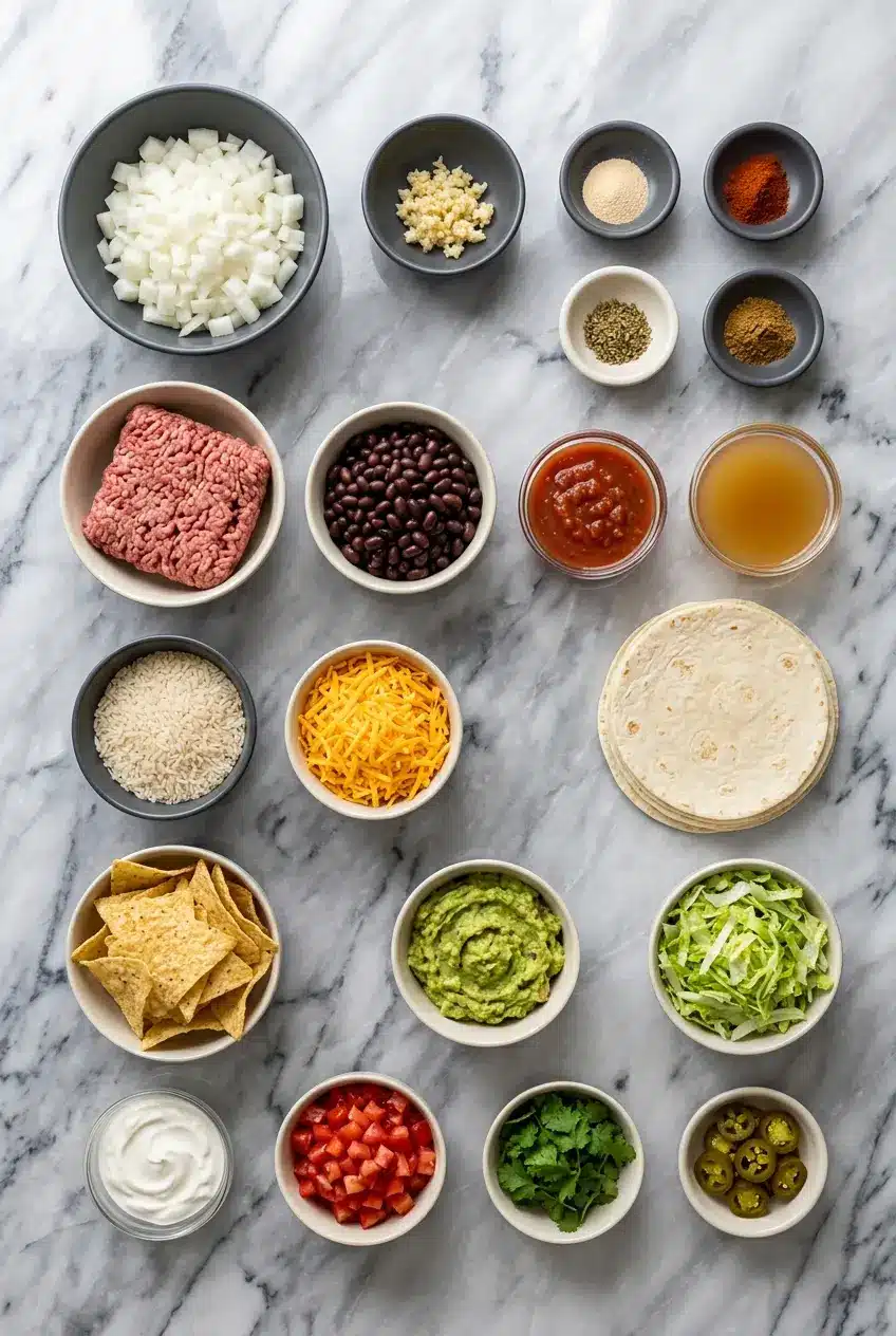 Ingredients for burrito casserole laid out, including ground beef, cheddar cheese, black beans, uncooked rice, and salsa.