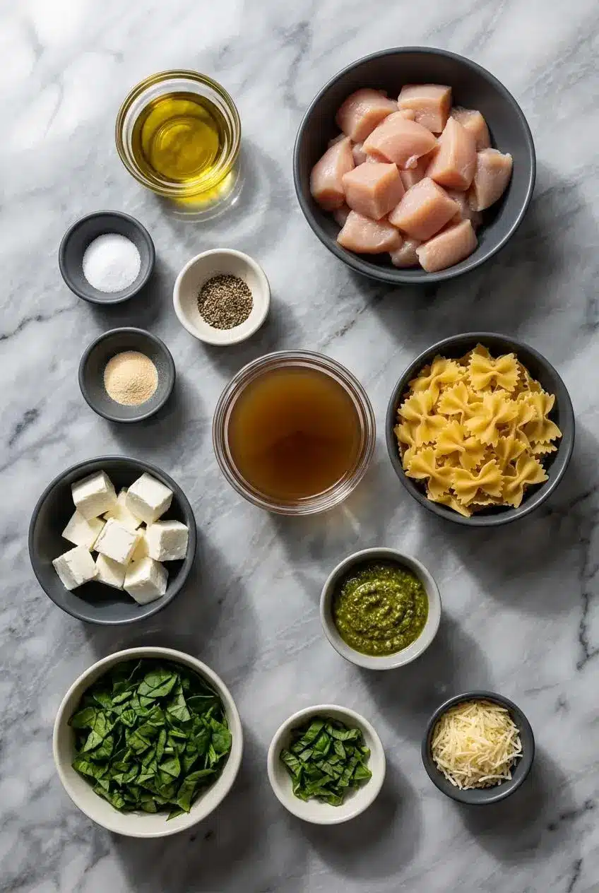 Ingredients for Creamy Chicken Pesto Pasta with Spinach, including farfalle pasta, chicken breast, basil pesto, and cream cheese.