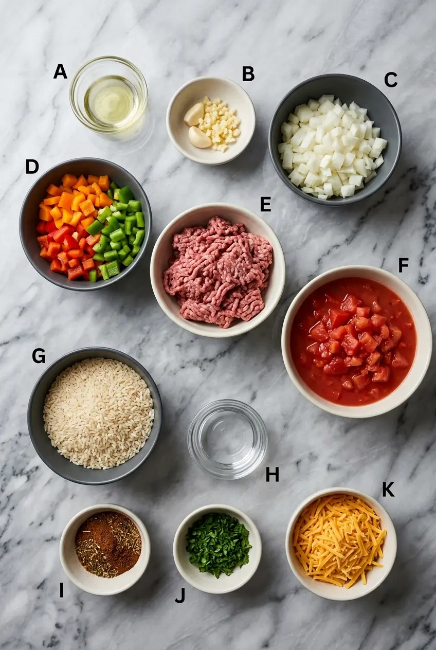 Raw ingredients for Unstuffed Peppers laid out, including bell peppers, ground beef, instant rice, and a block of cheddar cheese.