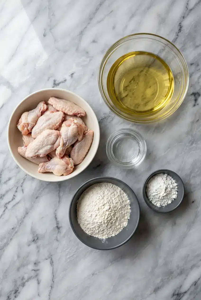Overhead view of ingredients for Fried Chicken Wings, including raw wingettes, flour, cornstarch, spices, and a small bowl of vodka.