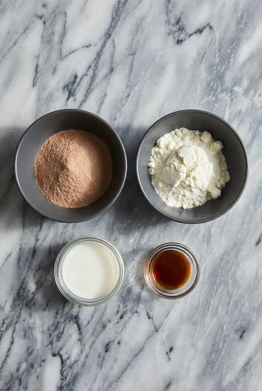 Ingredients for the chocolate protein pudding recipe laid out, including protein powder, cacao powder, Greek yogurt, and sugar-free chips.