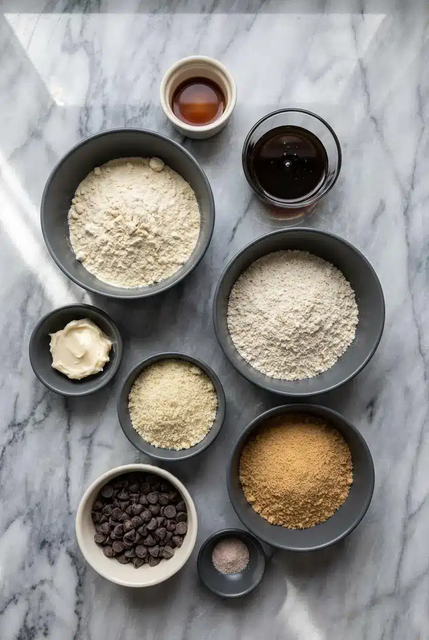 Ingredients for the protein cookie dough recipe laid out, including oat flour, whey protein powder, brown sugar substitute, and browned butter.