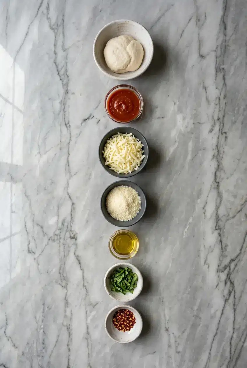 Ingredients for Cast Iron Skillet Pizza, including pizza dough, mozzarella, parmesan, Italian sausage, and pizza sauce, laid out.