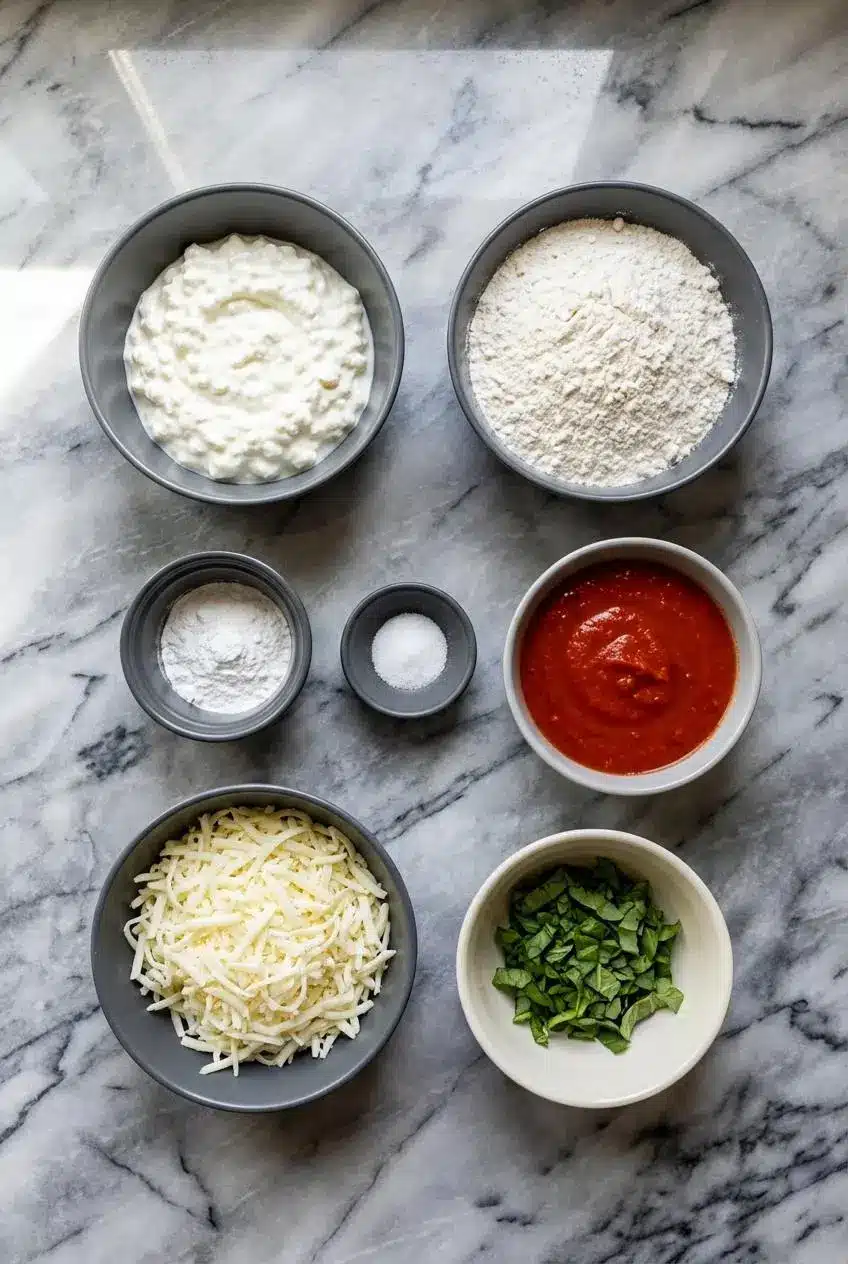 Ingredients for high protein pizza rolls laid out, including all-purpose flour, protein powder, Greek yogurt, and mozzarella cheese.