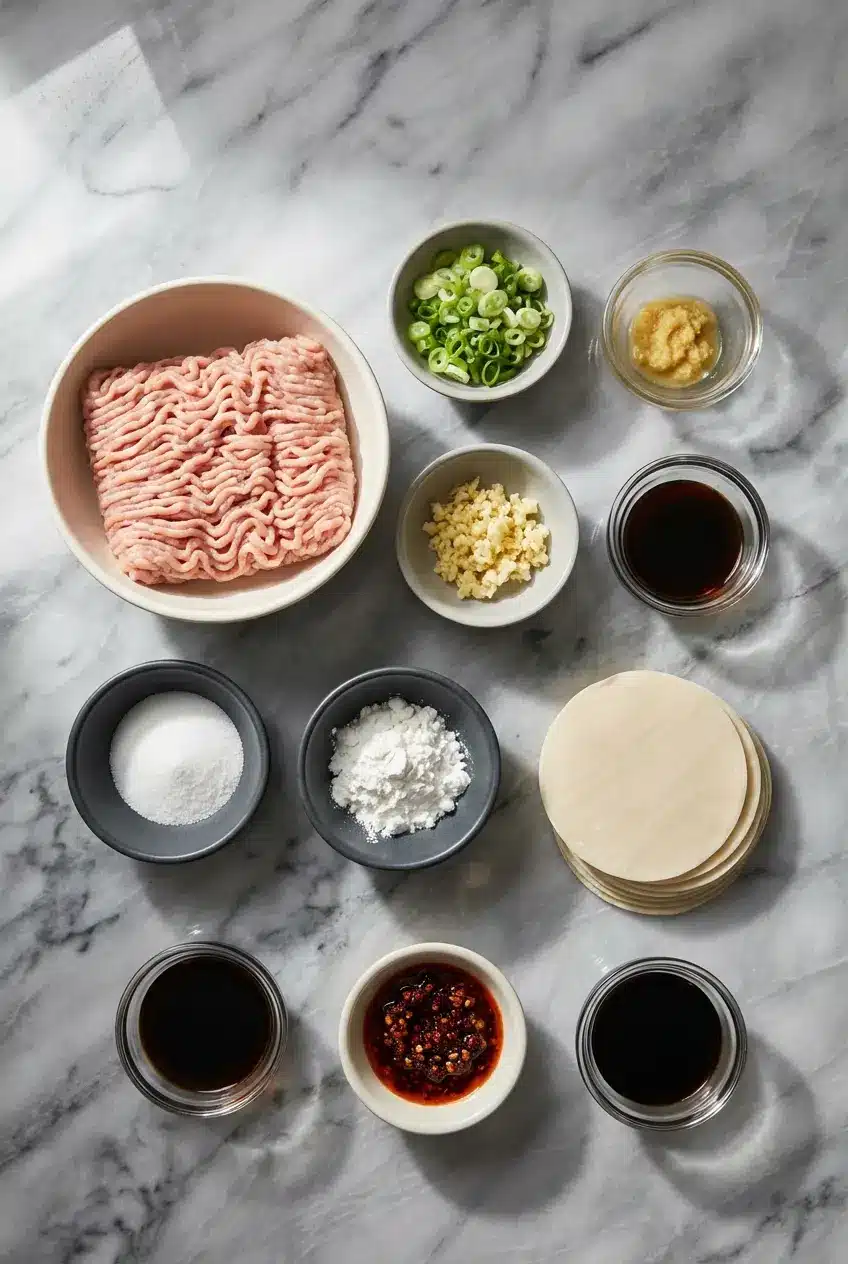 Ingredients for a potstickers recipe laid out, including ground pork, napa cabbage, gyoza wrappers, fresh ginger, and scallions.
