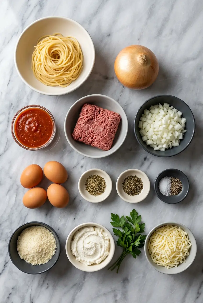Ingredients for Spaghetti Pie laid out, including spaghetti, ground beef, ricotta cheese, mozzarella, and a can of tomatoes.