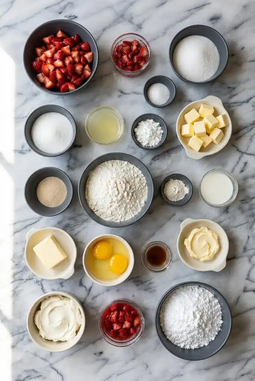 Ingredients for Strawberry Cheesecake Sweet Rolls laid out, including bread flour, fresh strawberries, cream cheese, and eggs.