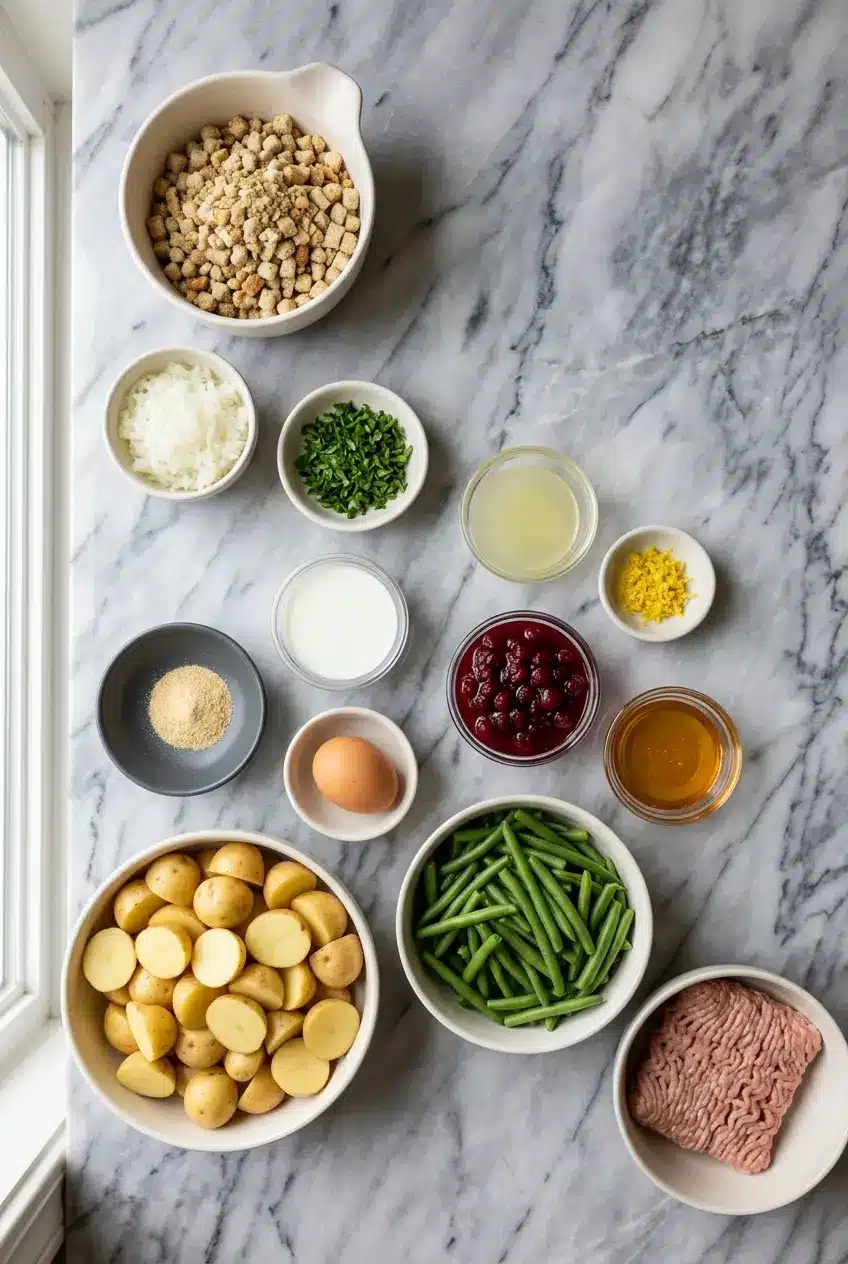 Overhead view of ingredients for turkey and stuffing meatballs, including ground turkey, stuffing mix, celery, onion, and fresh herbs.
