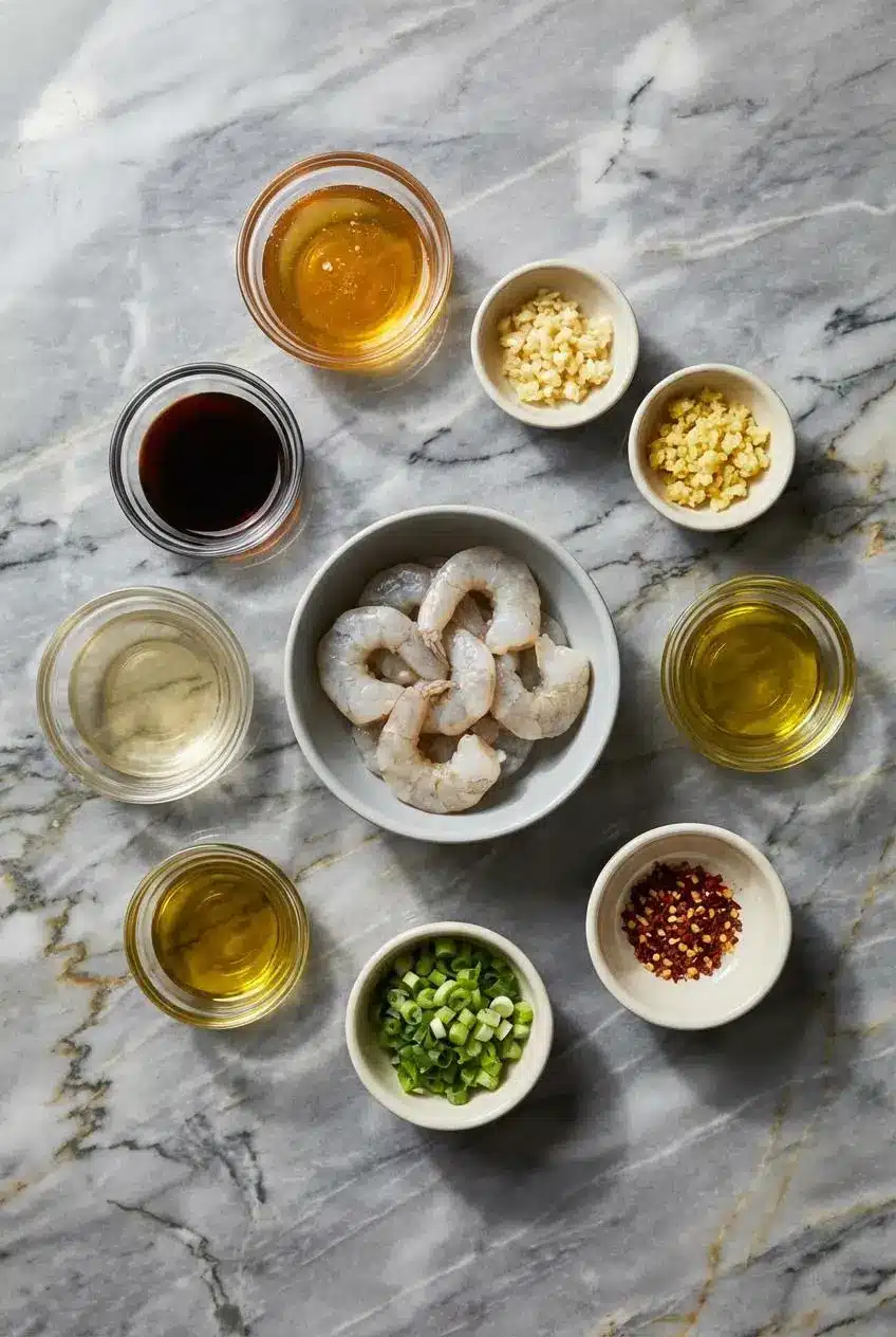 Overhead view of raw ingredients for high protein honey garlic shrimp, including shrimp, soy sauce, honey, garlic, and ginger.