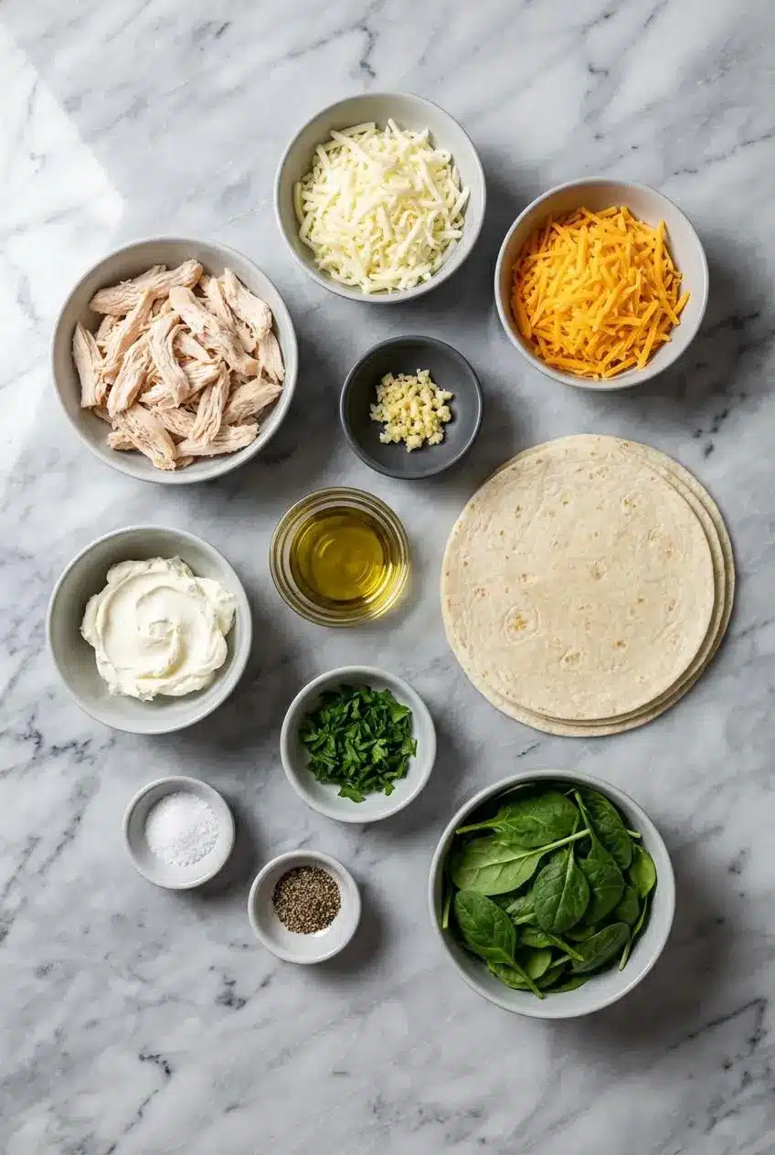 Ingredients for Low Carb Cheesy Garlic Chicken Wraps laid out, including low-carb tortillas, shredded chicken, cream cheese, and garlic.