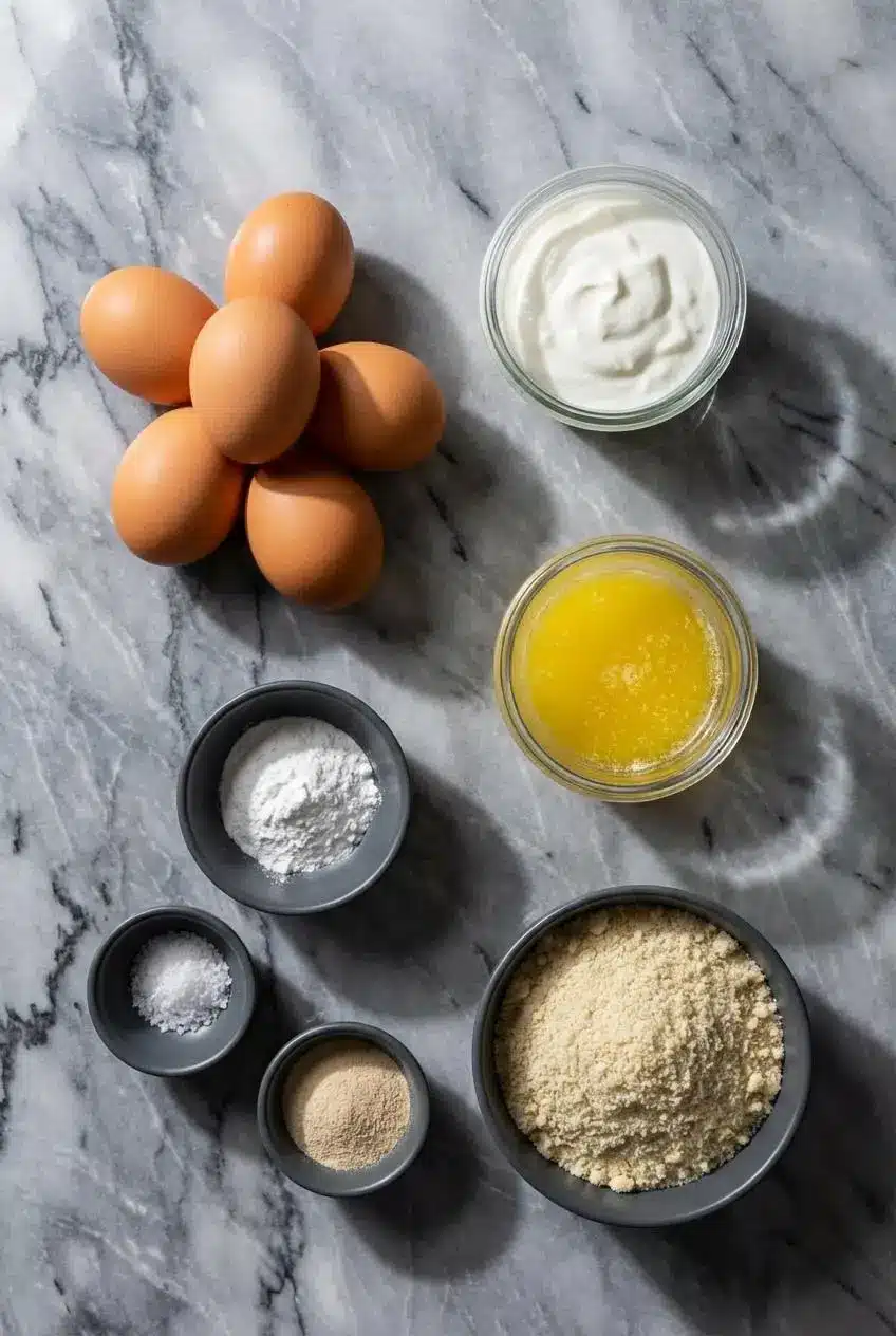 Ingredients for zero carb yogurt bread, including Greek yogurt, eggs, and almond flour, laid out for keto baking.