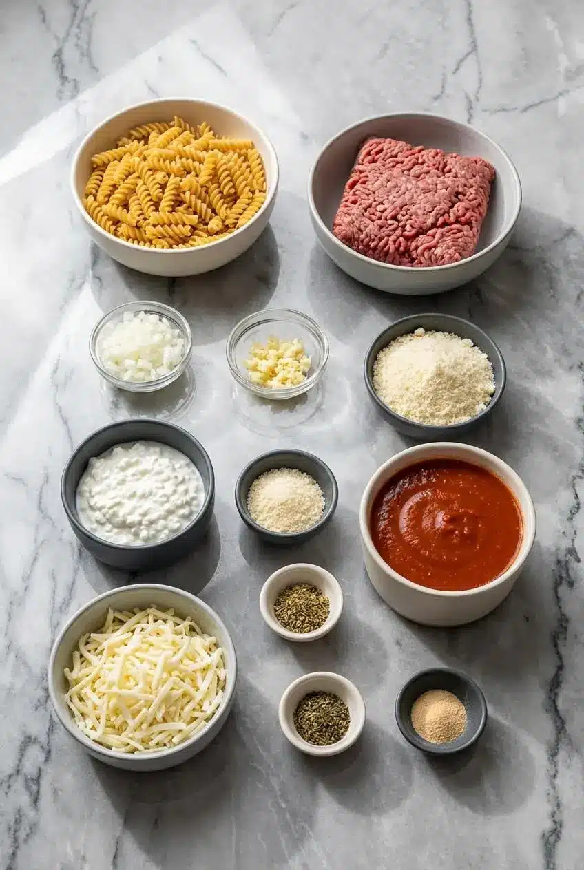 Ingredients for high protein lasagna laid out, including protein pasta, cottage cheese, lean ground beef, and marinara sauce.