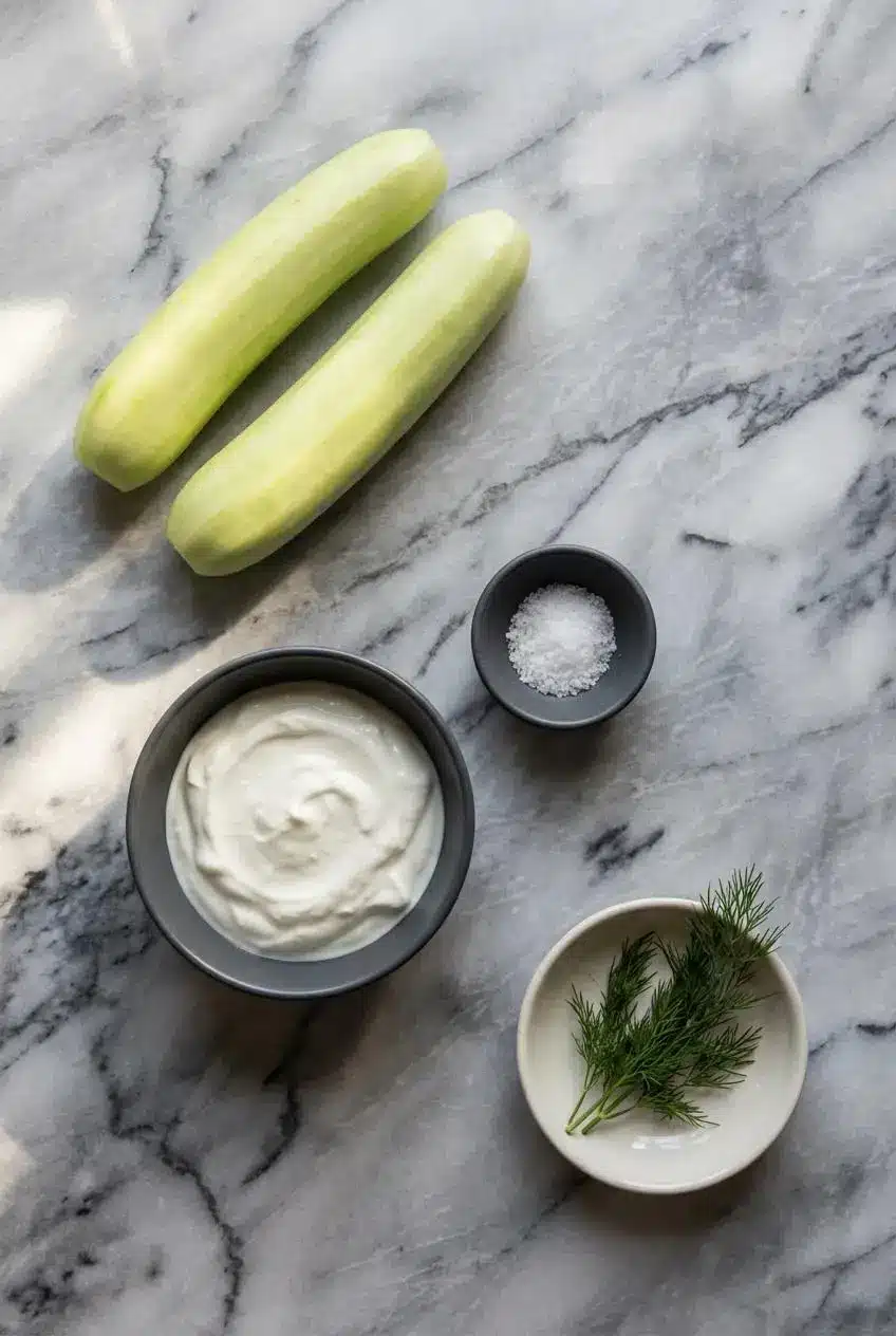 Overhead view of ingredients for High-Protein Creamy Cucumber Salad, including English cucumbers, Greek yogurt, white miso, and fresh dill.