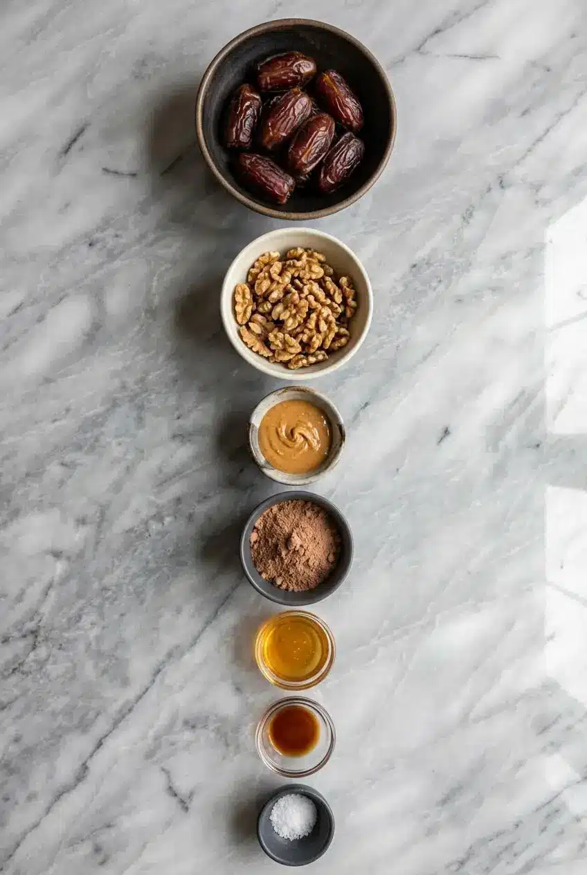 Overhead view of ingredients for brownie protein bites: Medjool dates, chocolate protein powder, walnuts, and black cacao powder.