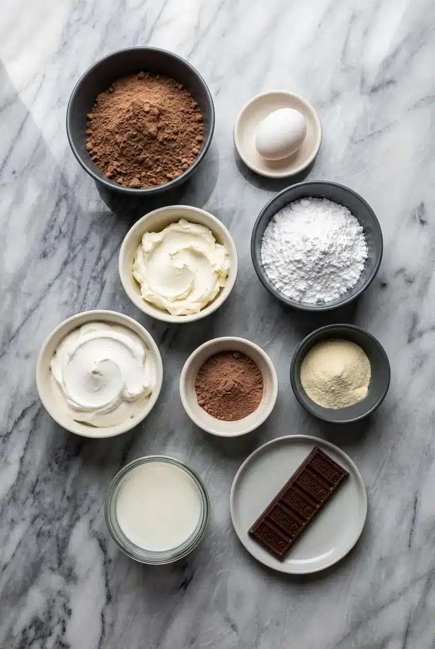 Ingredients for Brownie Refrigerator Cake laid out, including a box of brownie mix, cream cheese, instant pudding, and Cool Whip.