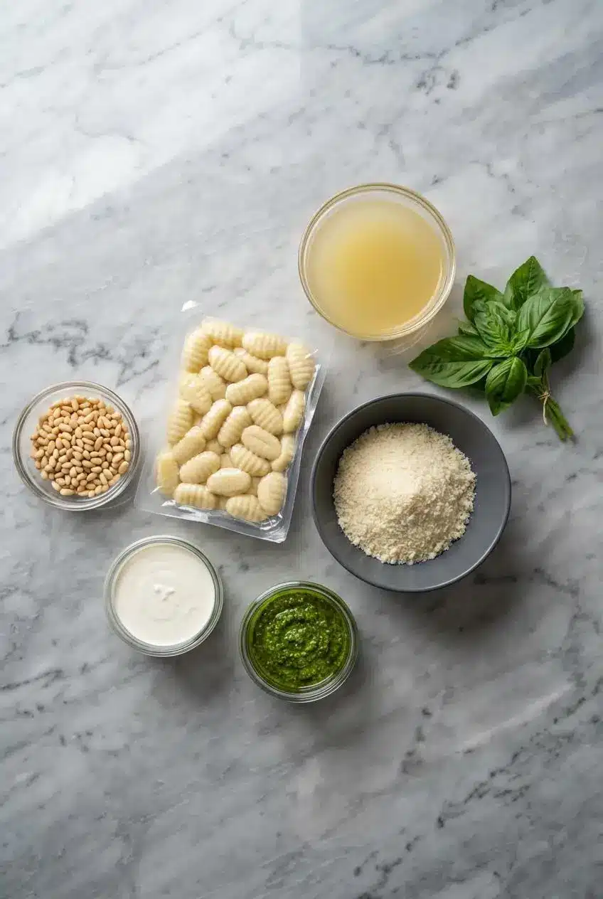 Ingredients for creamy pesto gnocchi laid out, including potato gnocchi, basil pesto, heavy cream, parmesan, and a garlic clove.