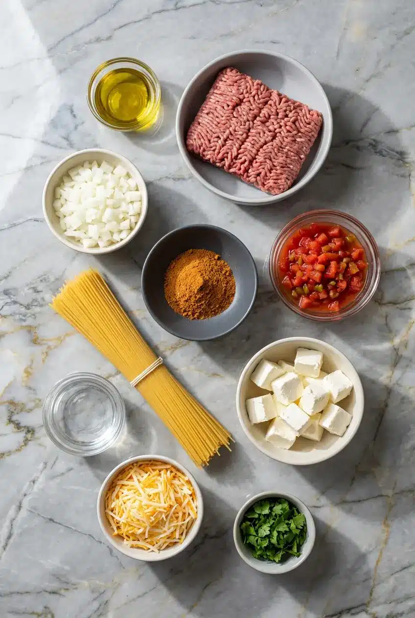 Flat lay of ground beef, spaghetti, Rotel tomatoes, and taco seasoning for One Pot Taco Spaghetti.