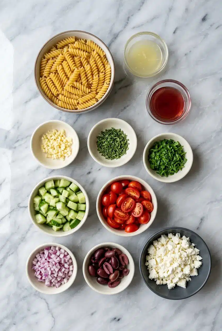 Ingredients for a Mediterranean pasta salad laid out, including rotini, a block of feta cheese, grape tomatoes, and Kalamata olives.