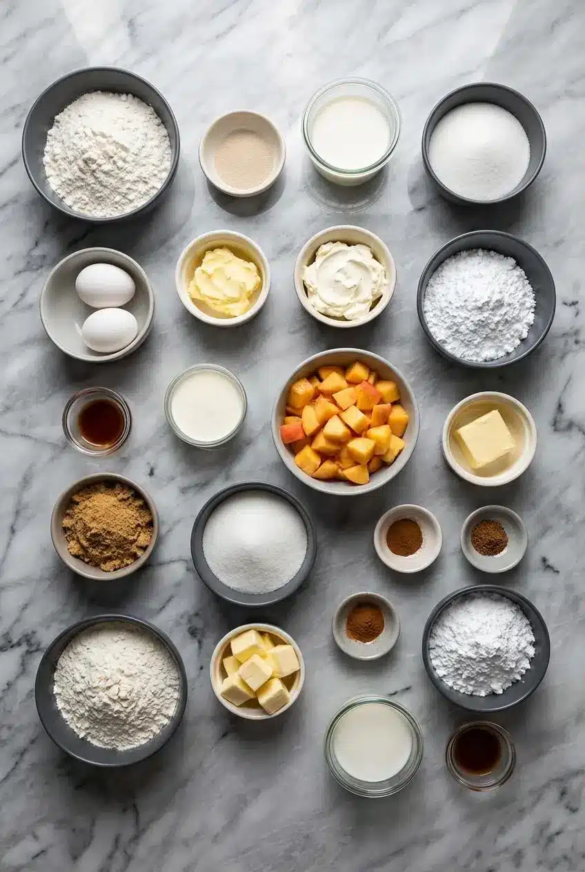 Ingredients for Classic Peach Cobbler Cheesecake Donuts, including fresh peaches, cream cheese, spelt flour, and brown sugar.