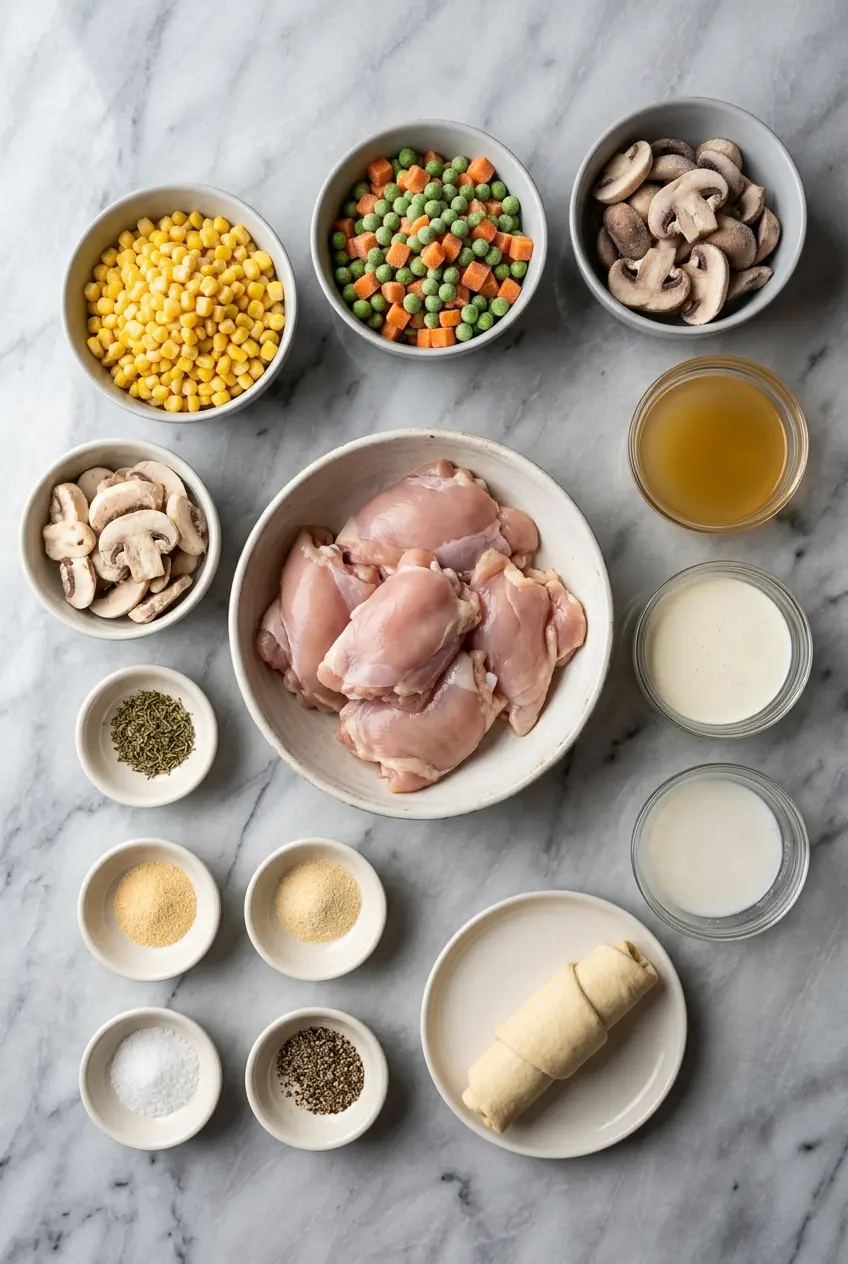 Ingredients for Crock Pot Chicken Pot Pie laid out, including chicken thighs, a crescent dough sheet, mushrooms, and heavy cream.