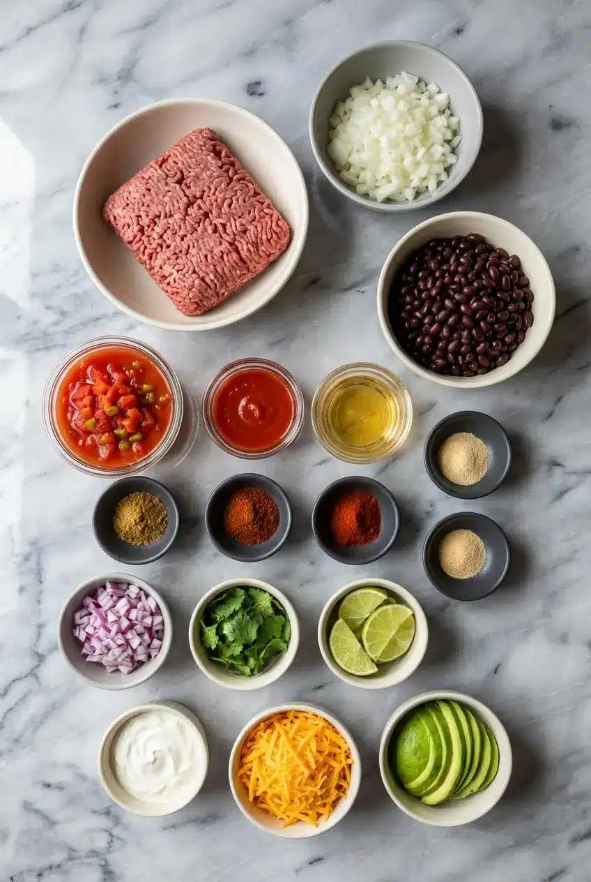 Overhead shot of ingredients for high protein beef chili, including lean ground beef, beans, diced tomatoes, and a special spice blend.