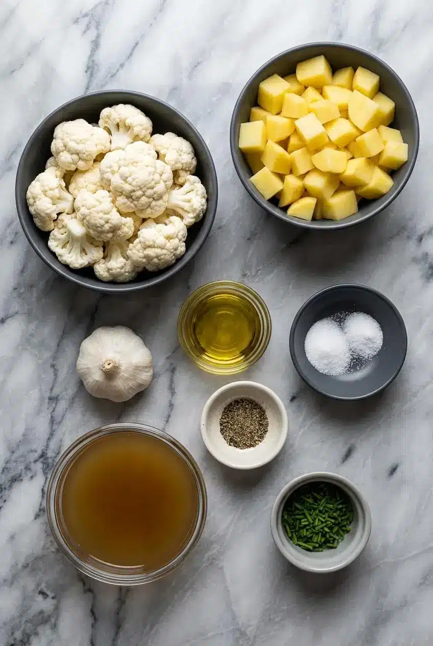 Raw ingredients for cauliflower and potato soup, including a head of cauliflower, Yukon Gold potatoes, roasted garlic, and white miso.