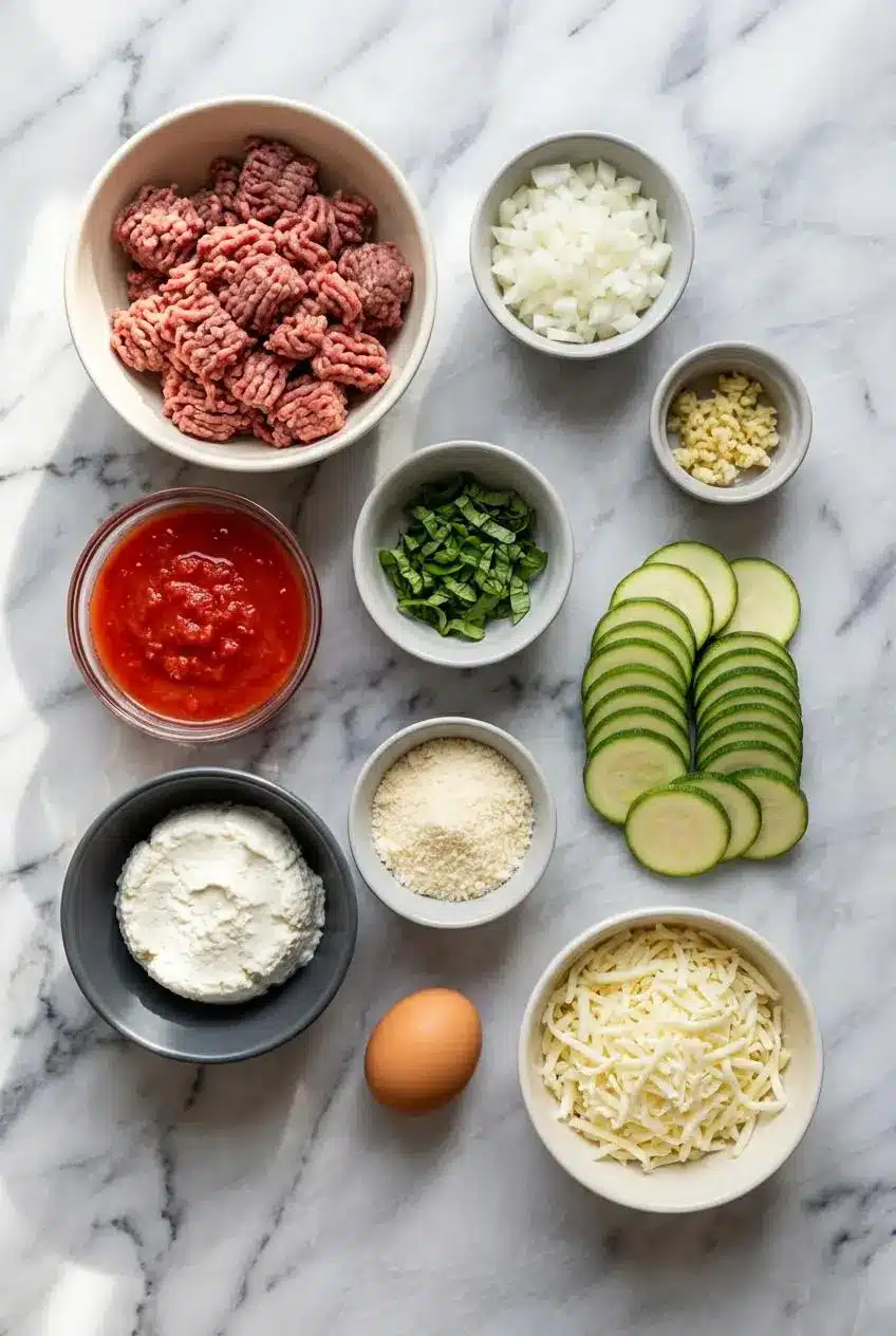Ingredients for keto zucchini lasagna, including fresh zucchini, ground beef, ricotta cheese, smoked mozzarella, and tomatoes, arranged on a flat surface.