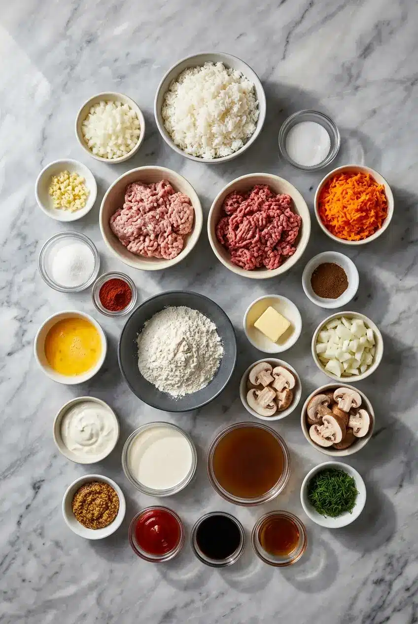 Ingredients for Meatball Stroganoff laid out, including ground beef, cremini mushrooms, sour cream, beef broth, and paprika.