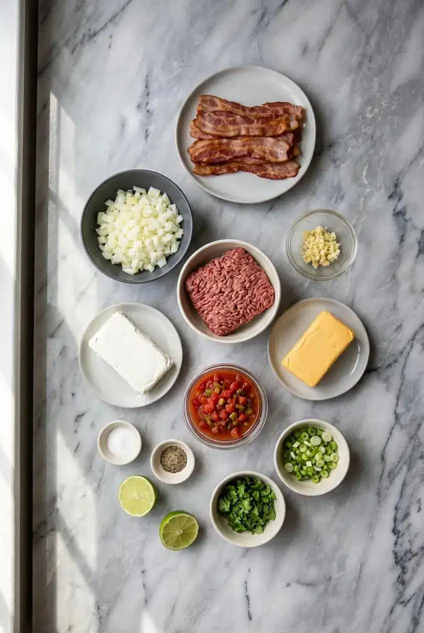 Ingredients for a smoky rotel dip recipe laid out, including ground beef, Velveeta cheese, cream cheese, and Rotel tomatoes.