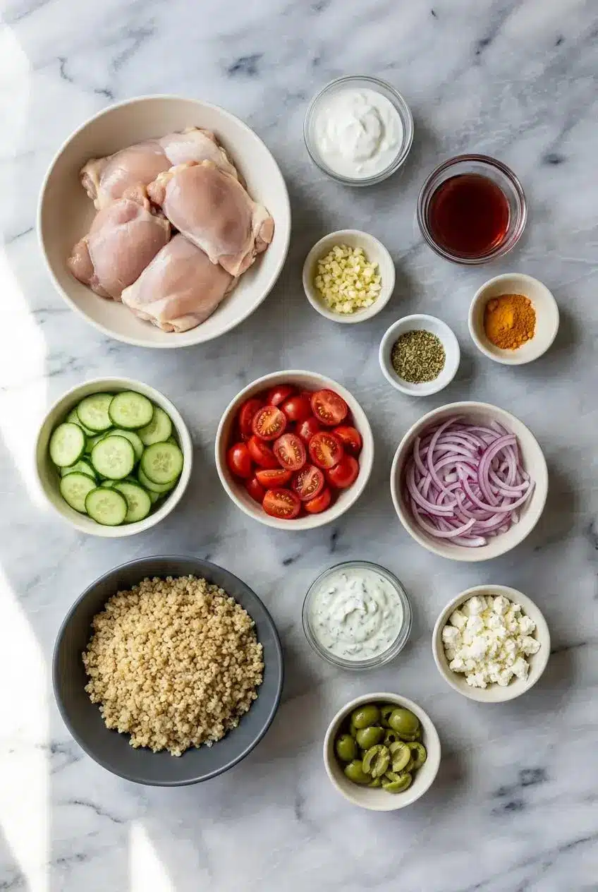Ingredients for a chicken gyro bowl laid out, including chicken thighs, quinoa, Greek yogurt for tzatziki, and various spices.