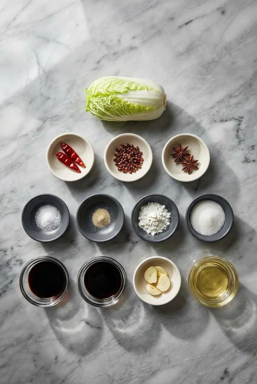 Ingredients for Cabbage Stir Fry laid out, including Napa cabbage, dried red chiles, soy sauce, and Sichuan peppercorns.