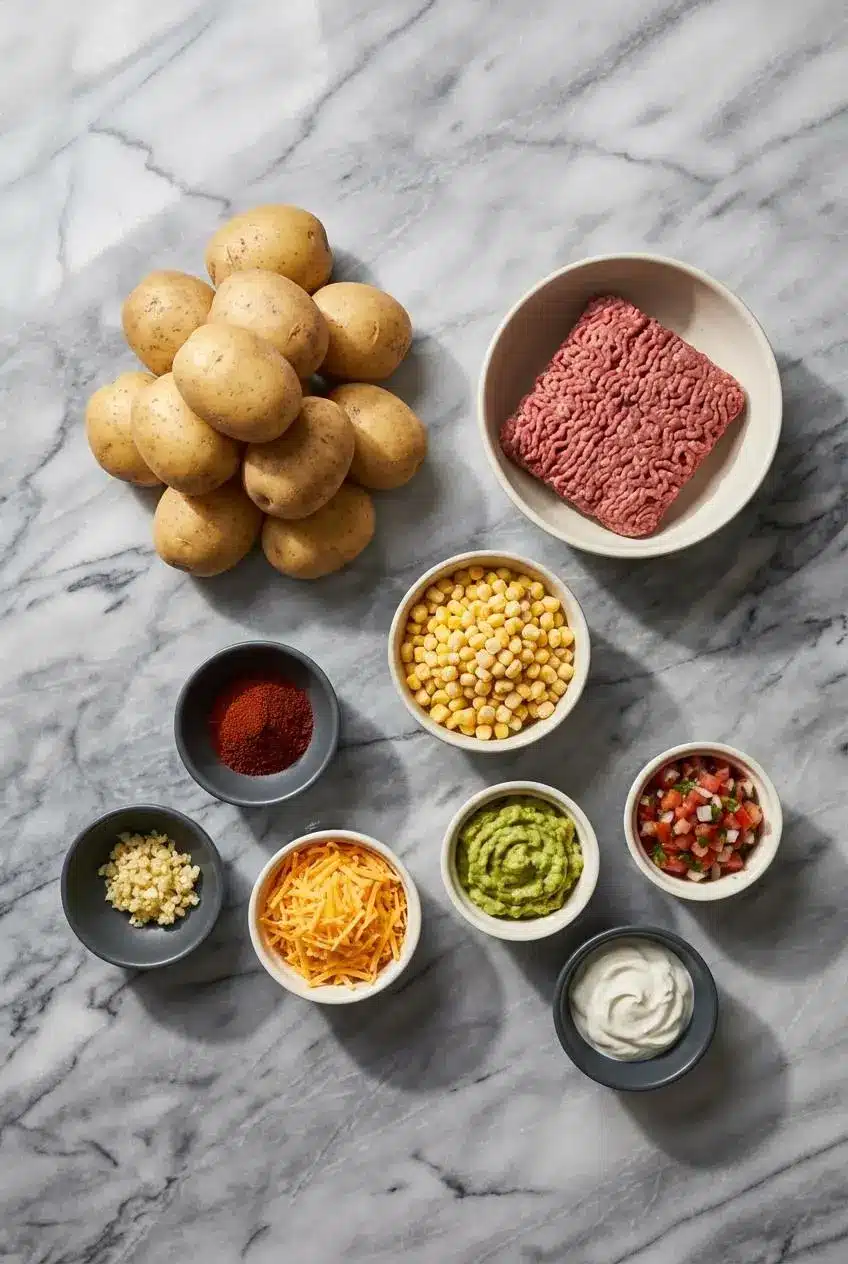 Ingredients for a Loaded Potato Taco Bowl, including Russet potatoes, ground beef, taco seasoning, cheddar cheese, and a lime.