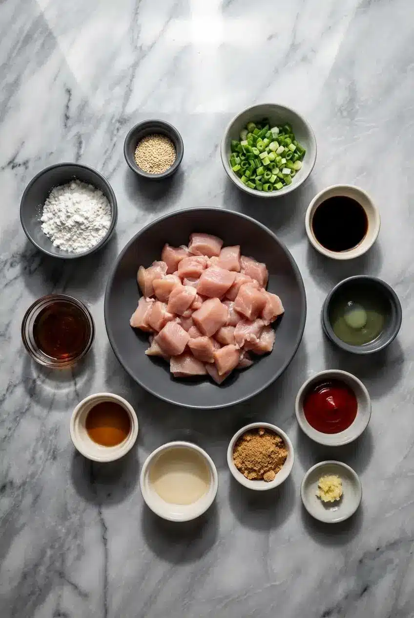 Ingredients for a velveted Sesame Chicken Recipe laid out, including chicken thighs, soy sauce, cornstarch, baking soda, and sesame oil.