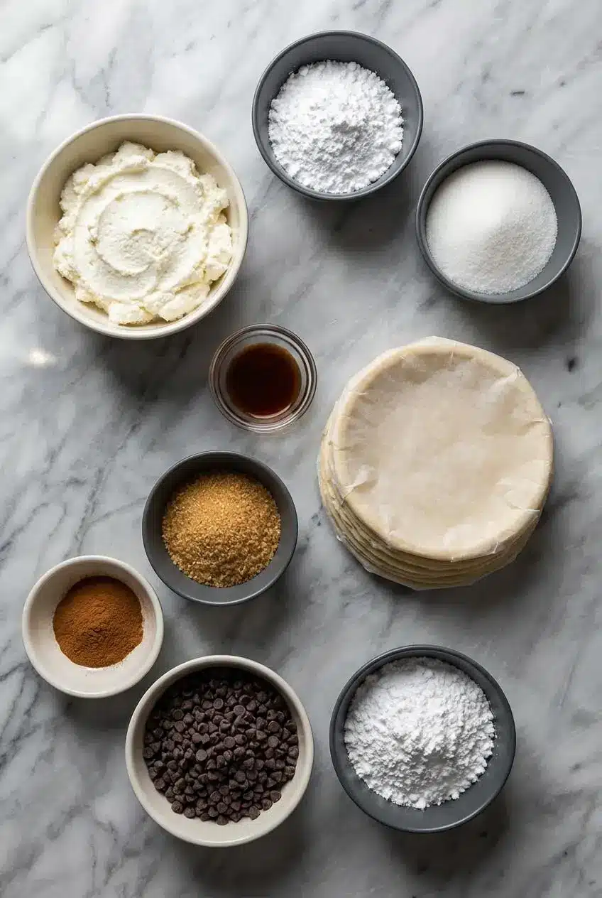 Ingredients for Mini Cannoli Cups, including ricotta cheese, powdered sugar, cornstarch, and mini chocolate chips, arranged on a surface.
