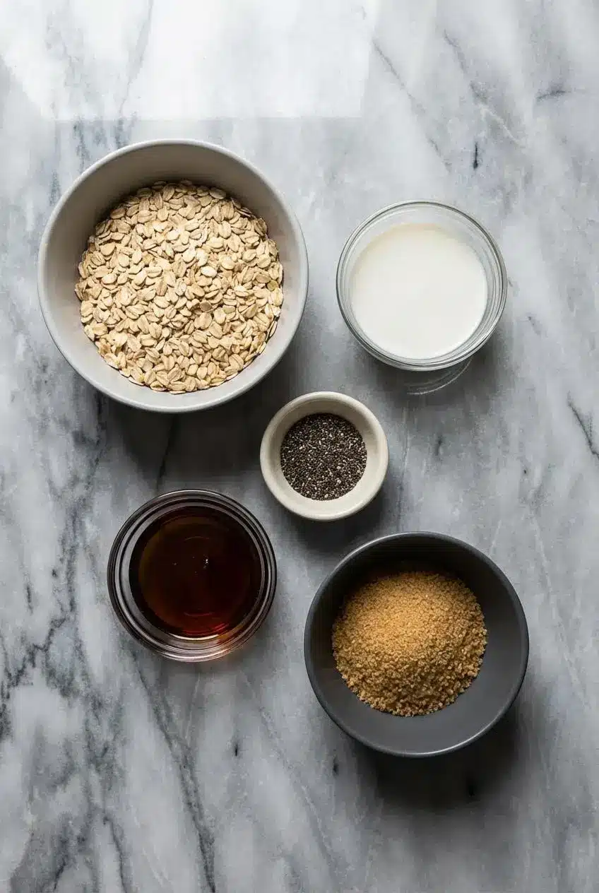 Ingredients for brown sugar overnight oats laid out, including old fashioned oats, brown sugar, chia seeds, and almond milk.