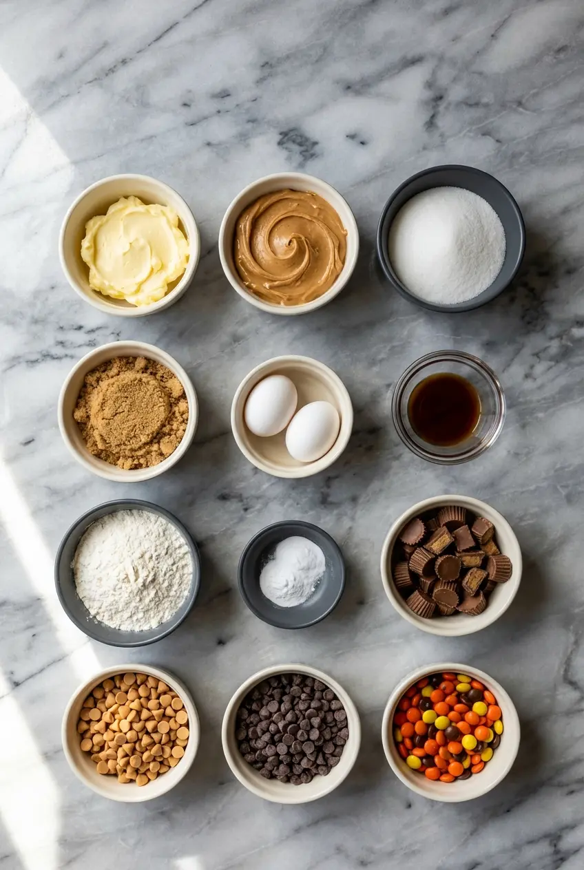 A flat lay of Triple Reese’s Peanut Butter Cookies ingredients including peanut butter cups, chips, and brown sugar.